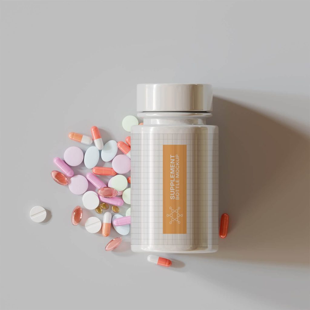 Modern Supplement Bottle Mockup with Pills